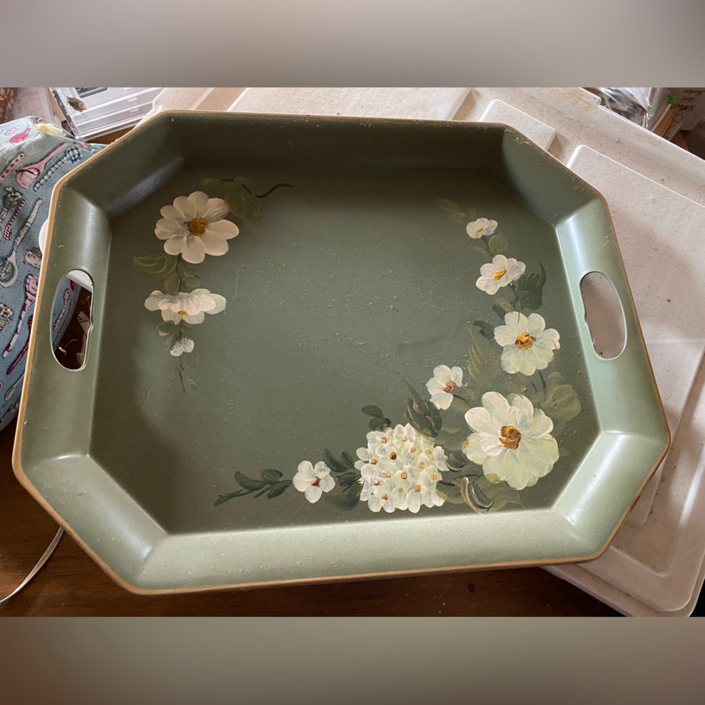 Nashco hand painted Floral Green Decorative Tray